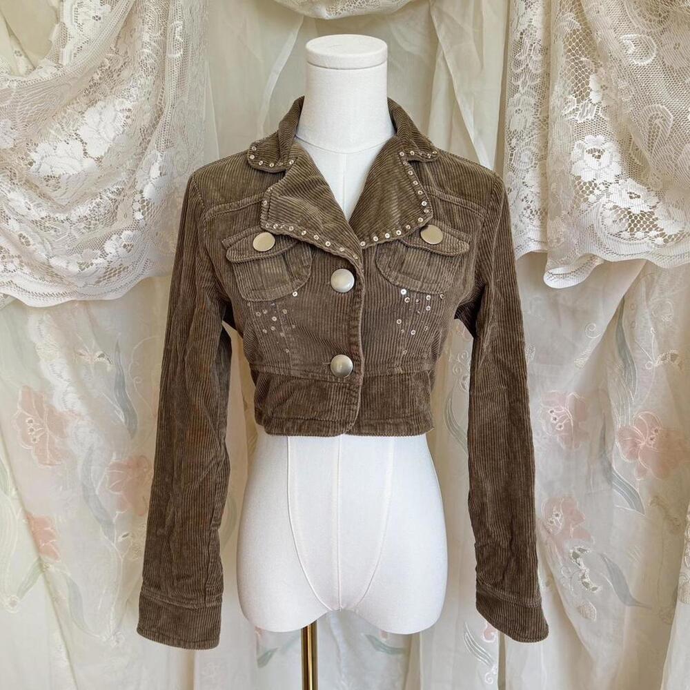 Cropped brown corduroy jacket with sequin embellishment Sz. M